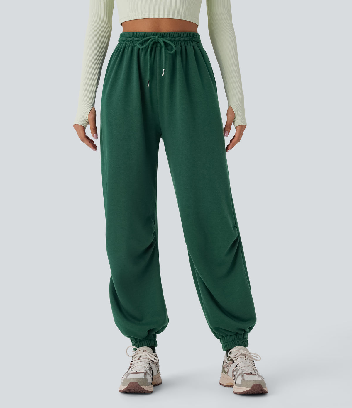 High Waisted Drawstring Side Pocket Running Joggers — Posy Green — view 1