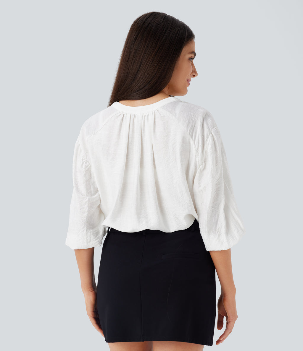 V Neck Bishop Sleeve Oversize Casual Top — White — view 2