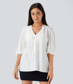 V Neck Bishop Sleeve Oversize Casual Top — White — view 6