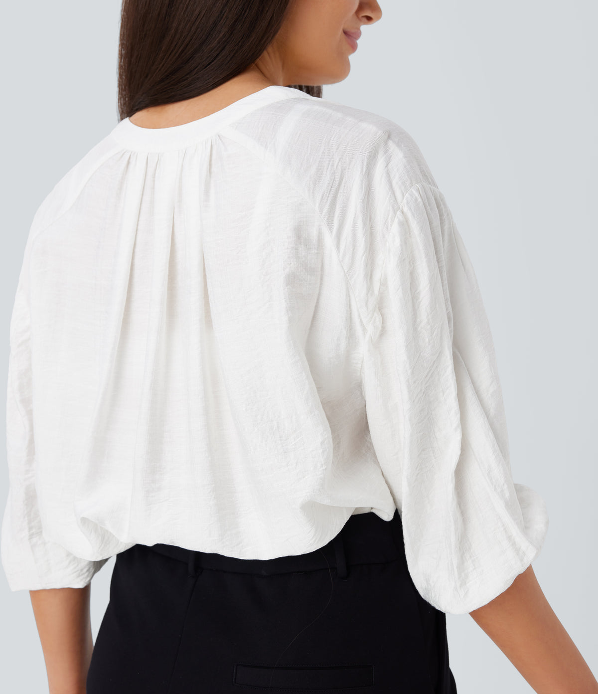 V Neck Bishop Sleeve Oversize Casual Top — White — view 4