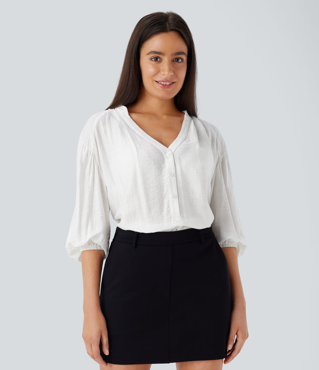 V Neck Bishop Sleeve Oversize Casual Top — White — view 1