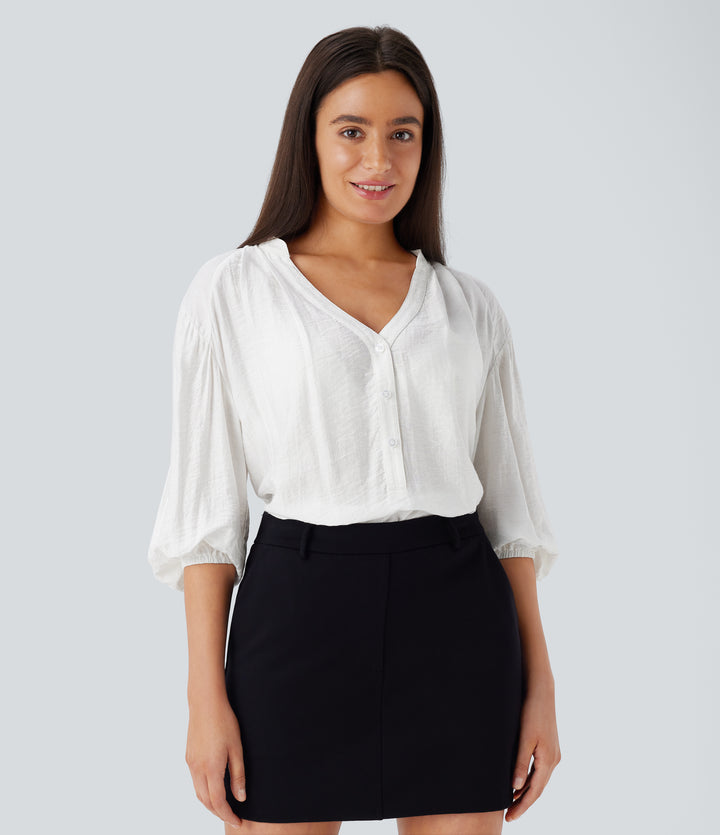 V Neck Bishop Sleeve Oversize Casual Top — White — view 1