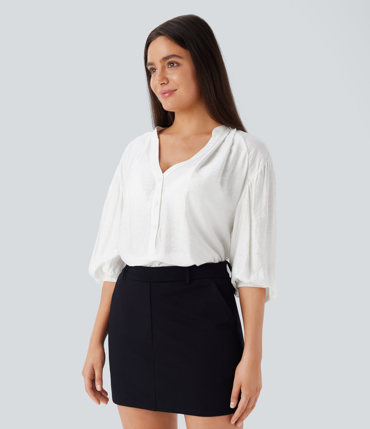 V Neck Bishop Sleeve Oversize Casual Top — White — view 3