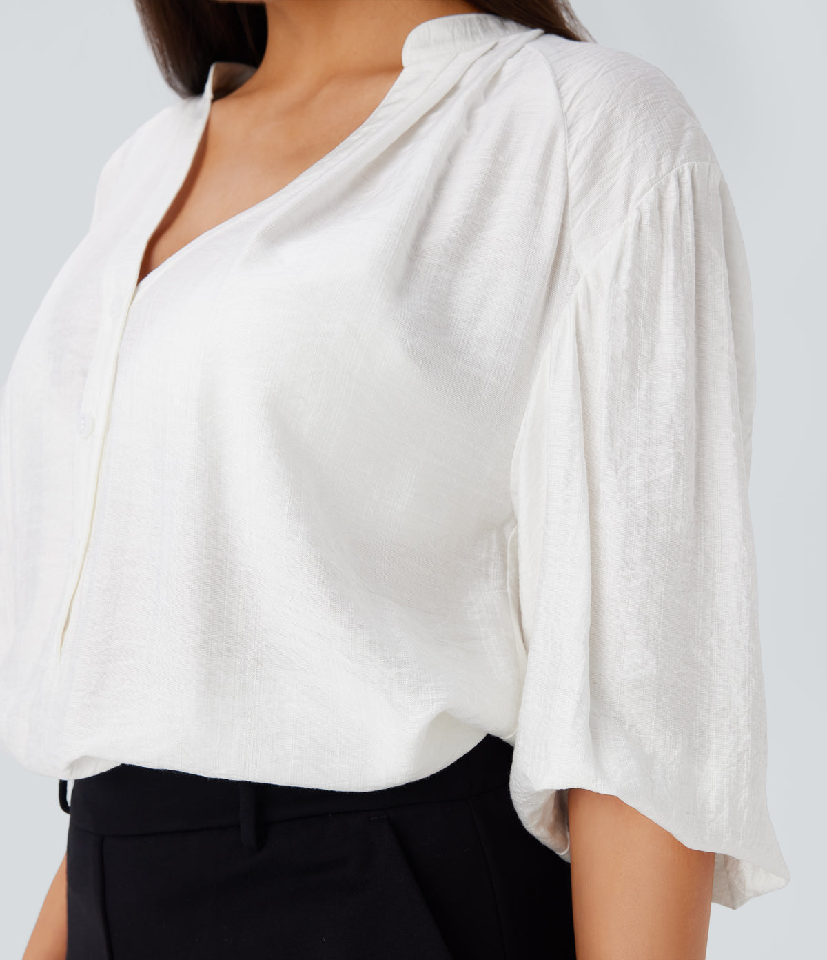 V Neck Bishop Sleeve Oversize Casual Top — White — view 5