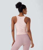 Round Neck Racerback Ruched Yoga Tank Vest Top — Veiled Pink — view 2