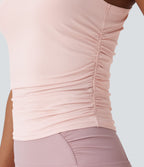 Round Neck Racerback Ruched Yoga Tank Vest Top — Veiled Pink — view 5