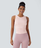 Round Neck Racerback Ruched Yoga Tank Vest Top — Veiled Pink — view 1