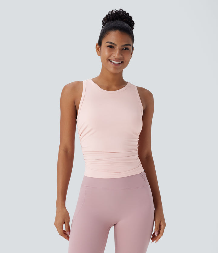 Round Neck Racerback Ruched Yoga Tank Vest Top — Veiled Pink — view 1