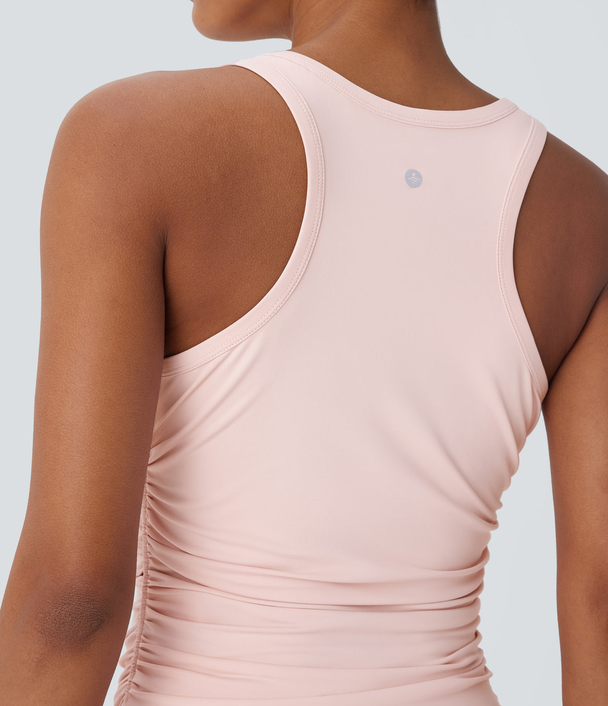 Round Neck Racerback Ruched Yoga Tank Vest Top — Veiled Pink — view 4