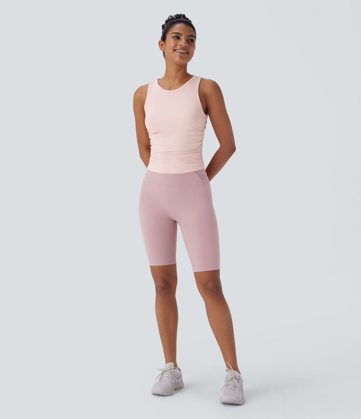 Round Neck Racerback Ruched Yoga Tank Vest Top — Veiled Pink — view 6