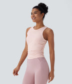 Round Neck Racerback Ruched Yoga Tank Vest Top — Veiled Pink — view 3