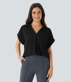 Collared V Neck Short Sleeve Curved Hem Work Shirt — Black — view 1