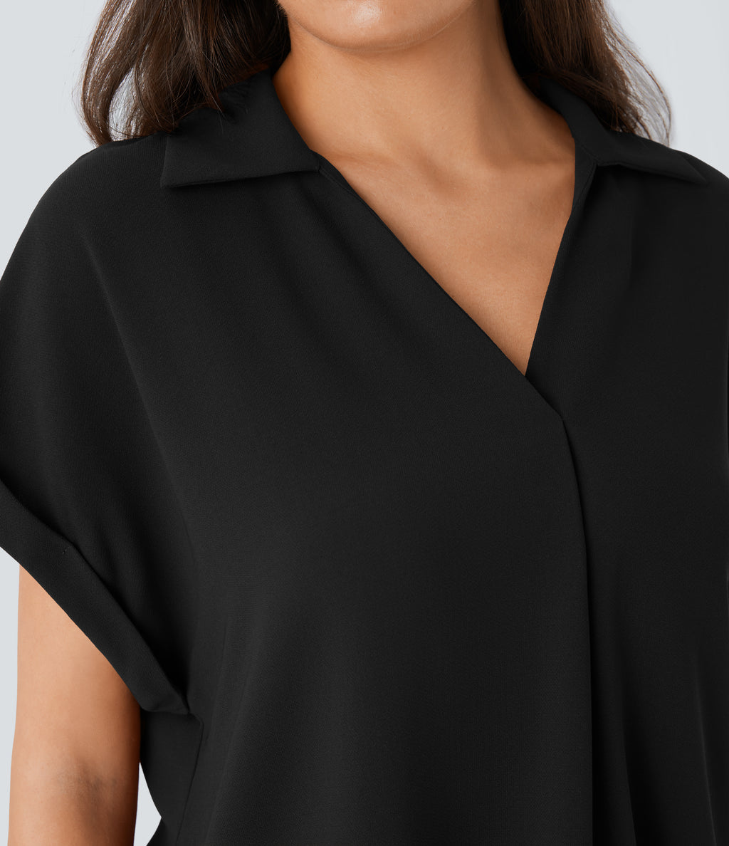 Collared V Neck Short Sleeve Curved Hem Work Shirt — Black — view 5
