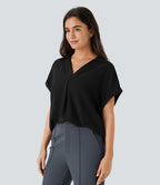 Collared V Neck Short Sleeve Curved Hem Work Shirt — Black — view 3