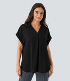 Collared V Neck Short Sleeve Curved Hem Work Shirt — Black — view 6