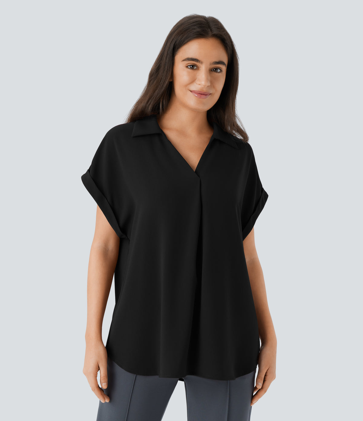 Collared V Neck Short Sleeve Curved Hem Work Shirt — Black — view 6