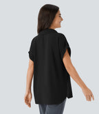 Collared V Neck Short Sleeve Curved Hem Work Shirt — Black — view 2