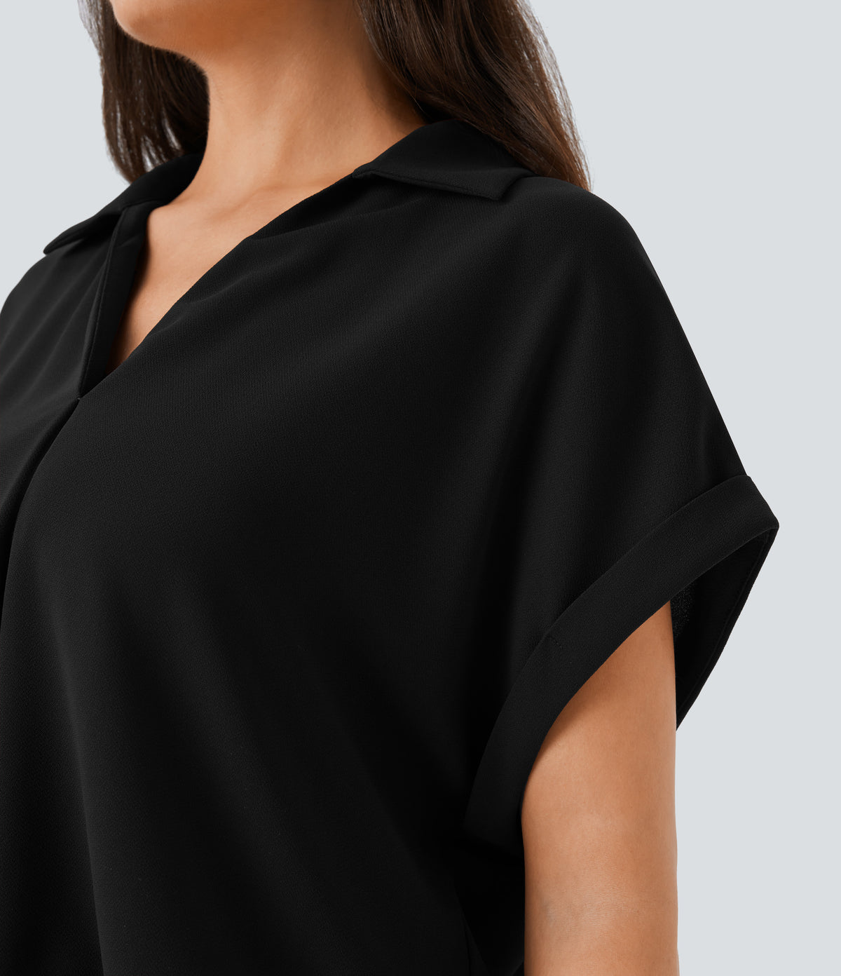 Collared V Neck Short Sleeve Curved Hem Work Shirt — Black — view 4