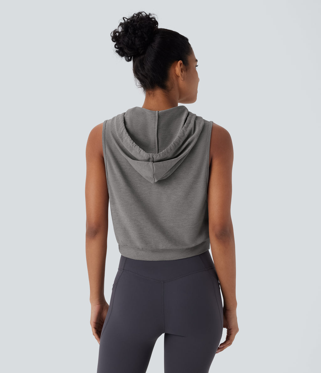 Hooded Drawstring Sleeveless Cropped Running Tank Top — Mottled Earth Gray — view 2