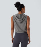 Hooded Drawstring Sleeveless Cropped Running Tank Top — Mottled Earth Gray — view 2