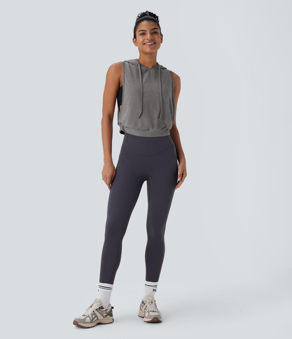 Hooded Drawstring Sleeveless Cropped Running Tank Top — Mottled Earth Gray — view 6