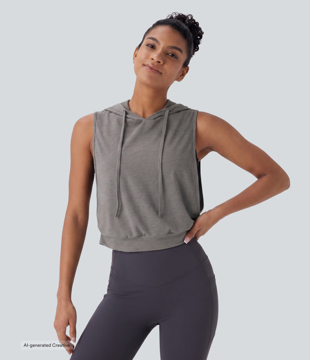 Hooded Drawstring Sleeveless Cropped Running Tank Top — Mottled Earth Gray — view 1