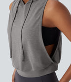 Hooded Drawstring Sleeveless Cropped Running Tank Top — Mottled Earth Gray — view 5