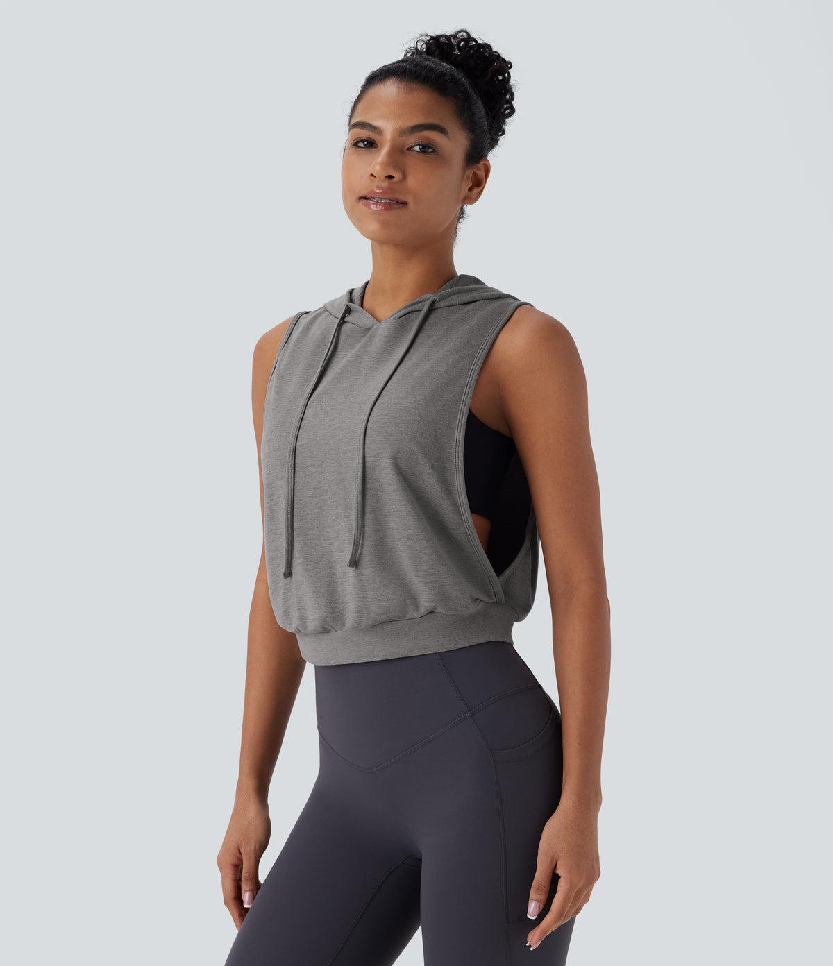 Hooded Drawstring Sleeveless Cropped Running Tank Top — Mottled Earth Gray — view 3