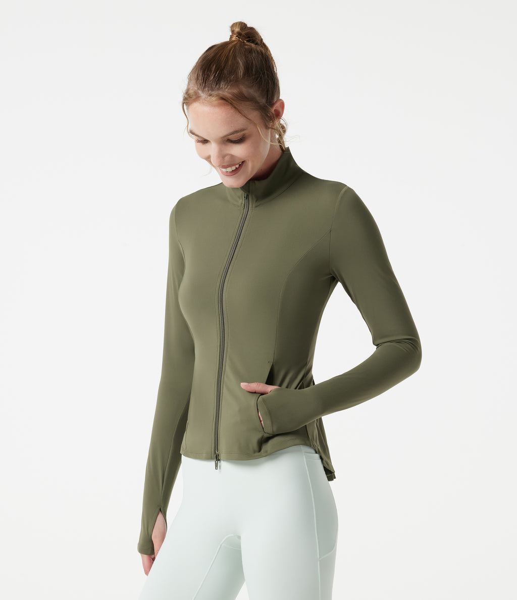 Stand Collar Thumb Hole Pockets Pleated Zipper Slim Jacket — Grass Grey Green — view 3