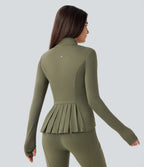 Stand Collar Thumb Hole Pockets Pleated Zipper Slim Jacket — Grass Grey Green — view 1