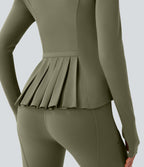 Stand Collar Thumb Hole Pockets Pleated Zipper Slim Jacket — Grass Grey Green — view 7