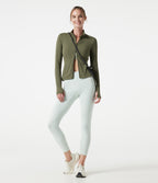 Stand Collar Thumb Hole Pockets Pleated Zipper Slim Jacket — Grass Grey Green — view 8