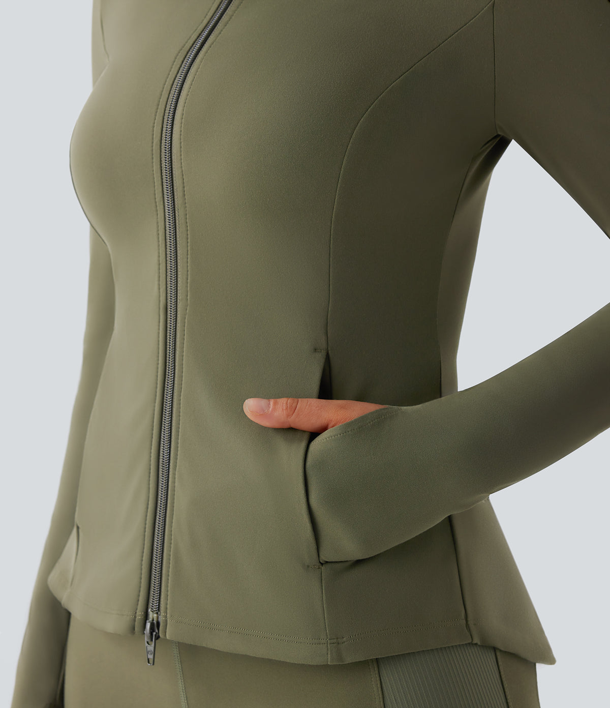 Stand Collar Thumb Hole Pockets Pleated Zipper Slim Jacket — Grass Grey Green — view 6
