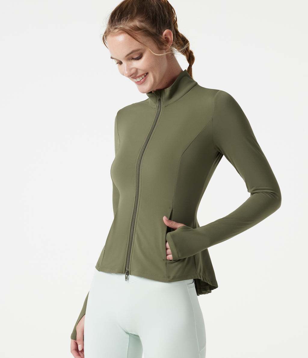 Stand Collar Thumb Hole Pockets Pleated Zipper Slim Jacket — Grass Grey Green — view 4