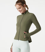 Stand Collar Thumb Hole Pockets Pleated Zipper Slim Jacket — Grass Grey Green — view 4