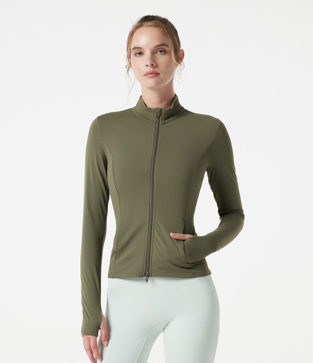 Stand Collar Thumb Hole Pockets Pleated Zipper Slim Jacket — Grass Grey Green — view 2