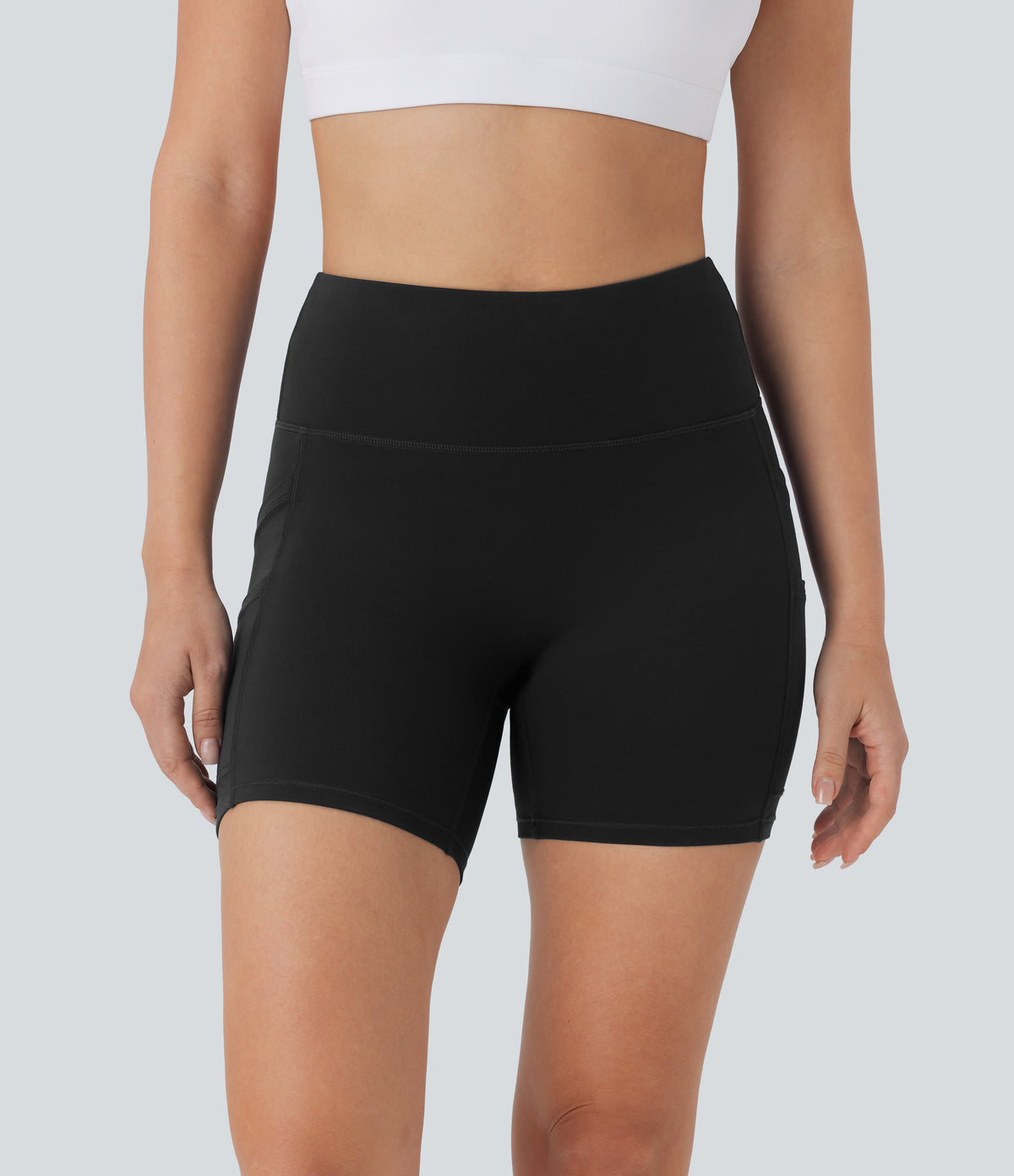High Waisted Double Pockets Yoga Biker Shorts 5'' — Black — view 3