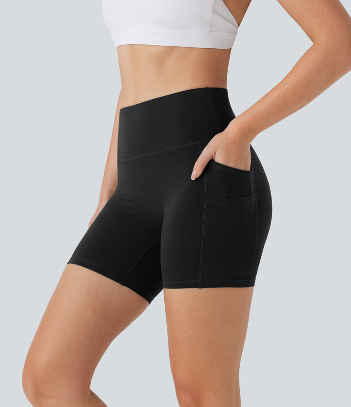 High Waisted Double Pockets Yoga Biker Shorts 5'' — Black — view 1