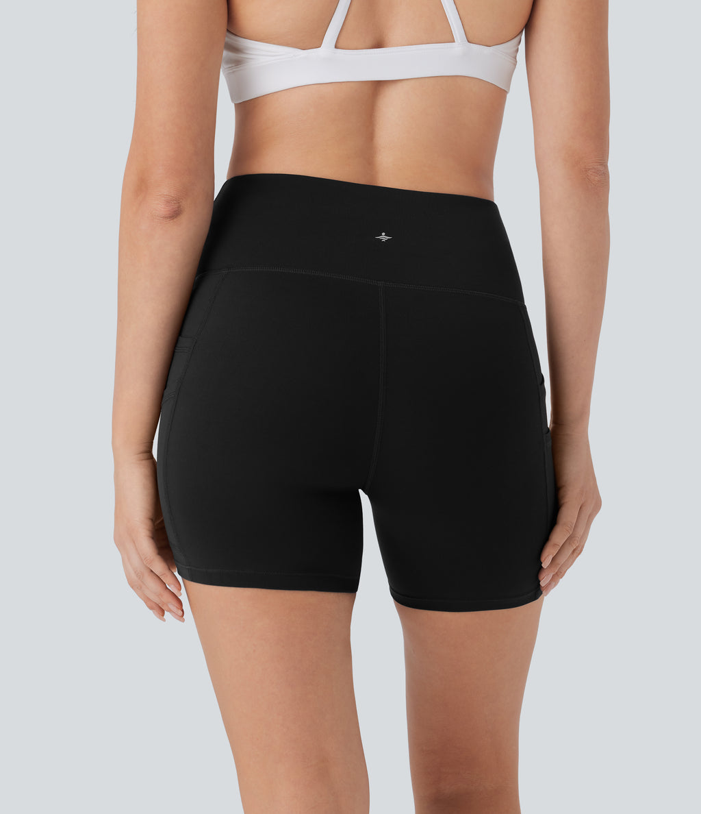 High Waisted Double Pockets Yoga Biker Shorts 5'' — Black — view 2