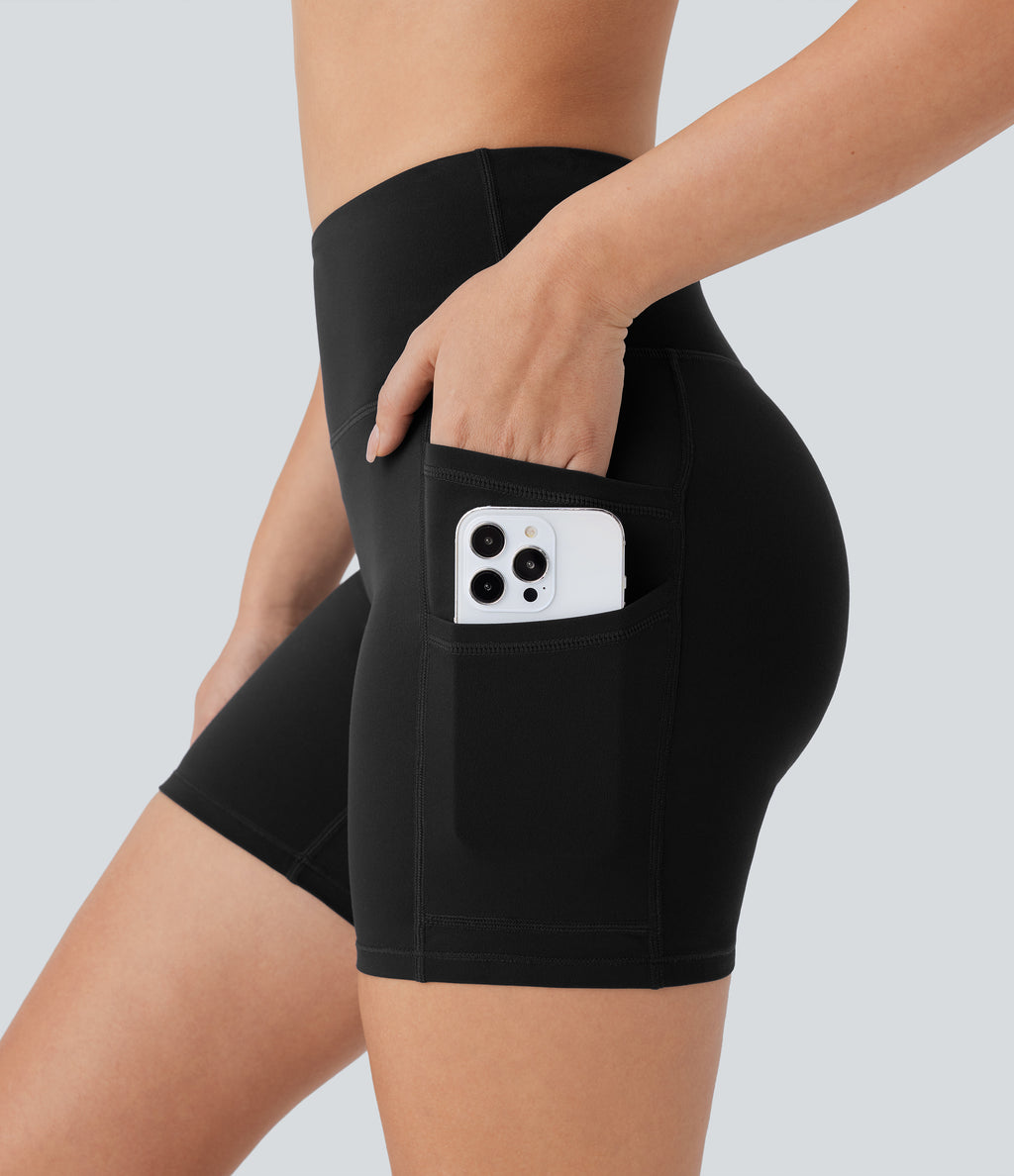 High Waisted Double Pockets Yoga Biker Shorts 5'' — Black — view 4