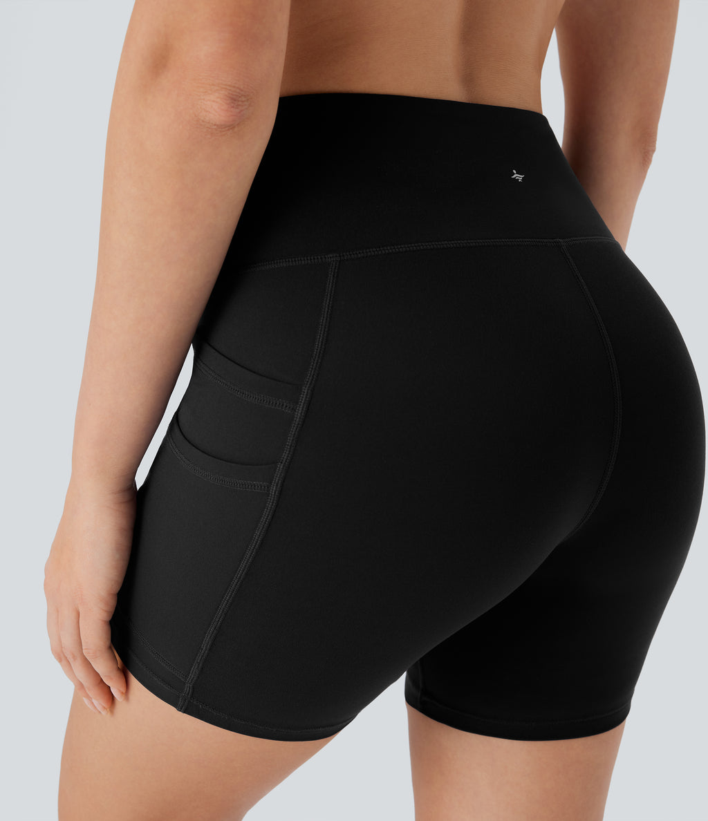 High Waisted Double Pockets Yoga Biker Shorts 5'' — Black — view 5