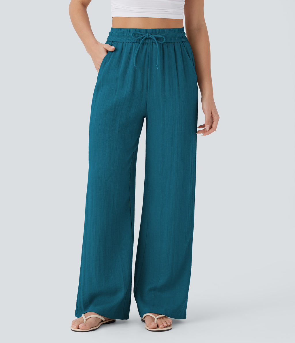 High Waisted Drawstring Pocket Wide Leg Casual Linen-Feel Trousers — Crystal Teal — view 21