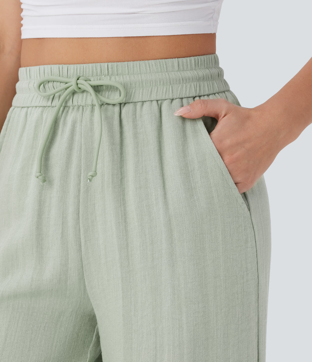 High Waisted Drawstring Pocket Wide Leg Casual Linen-Feel Trousers — Pale Aqua — view 4