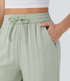 High Waisted Drawstring Pocket Wide Leg Casual Linen-Feel Trousers — Pale Aqua — view 4