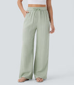 High Waisted Drawstring Pocket Wide Leg Casual Linen-Feel Trousers — Pale Aqua — view 1
