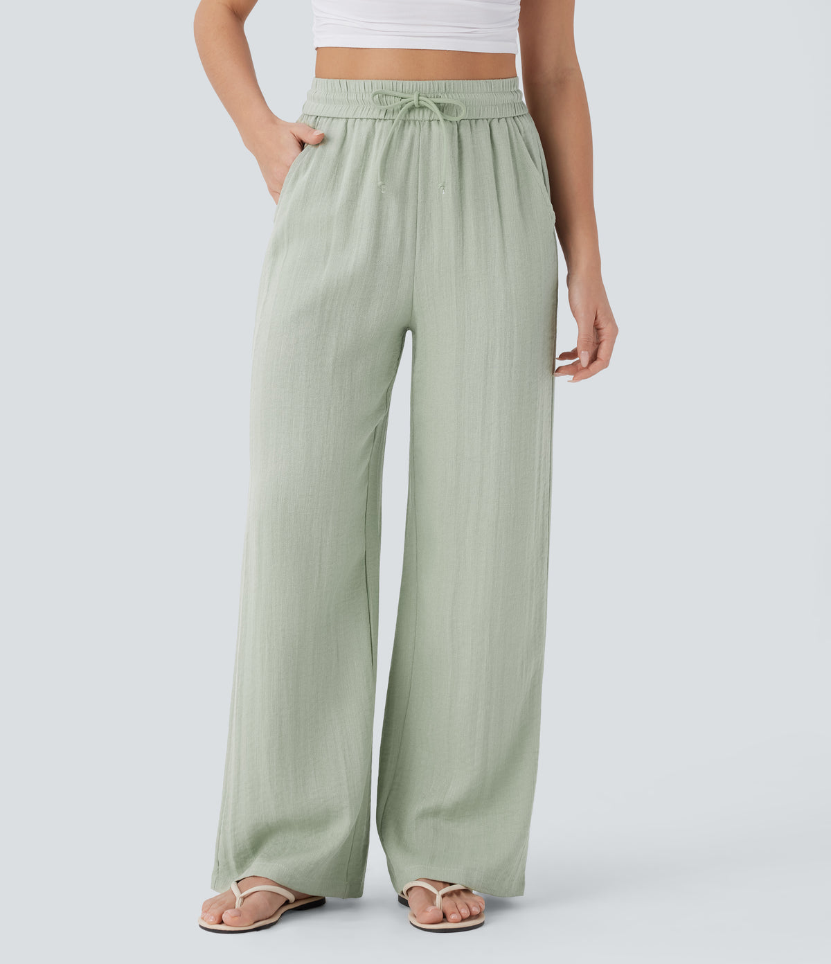 High Waisted Drawstring Pocket Wide Leg Casual Linen-Feel Trousers — Pale Aqua — view 1