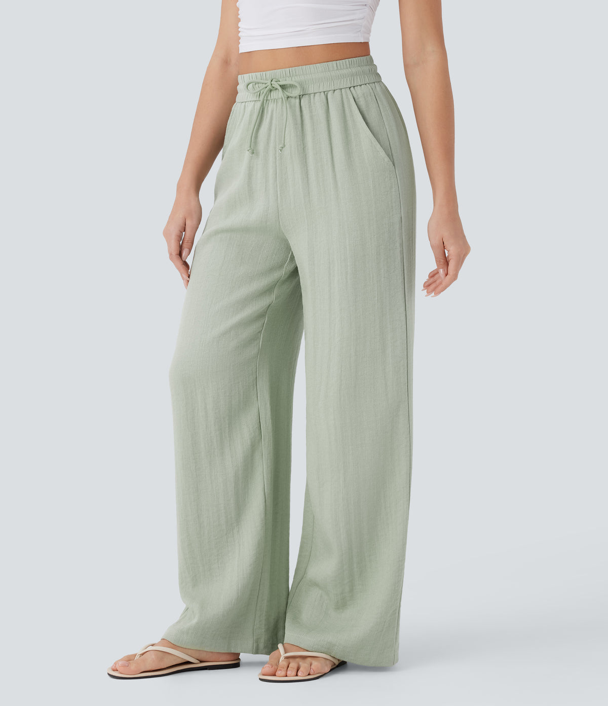 High Waisted Drawstring Pocket Wide Leg Casual Linen-Feel Trousers — Pale Aqua — view 3