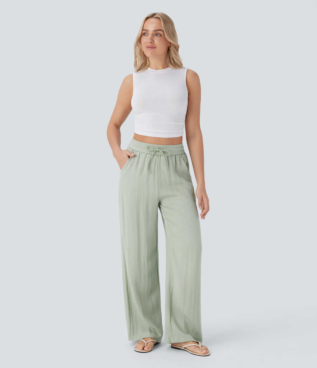 High Waisted Drawstring Pocket Wide Leg Casual Linen-Feel Trousers — Pale Aqua — view 5