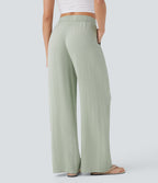 High Waisted Drawstring Pocket Wide Leg Casual Linen-Feel Trousers — Pale Aqua — view 2
