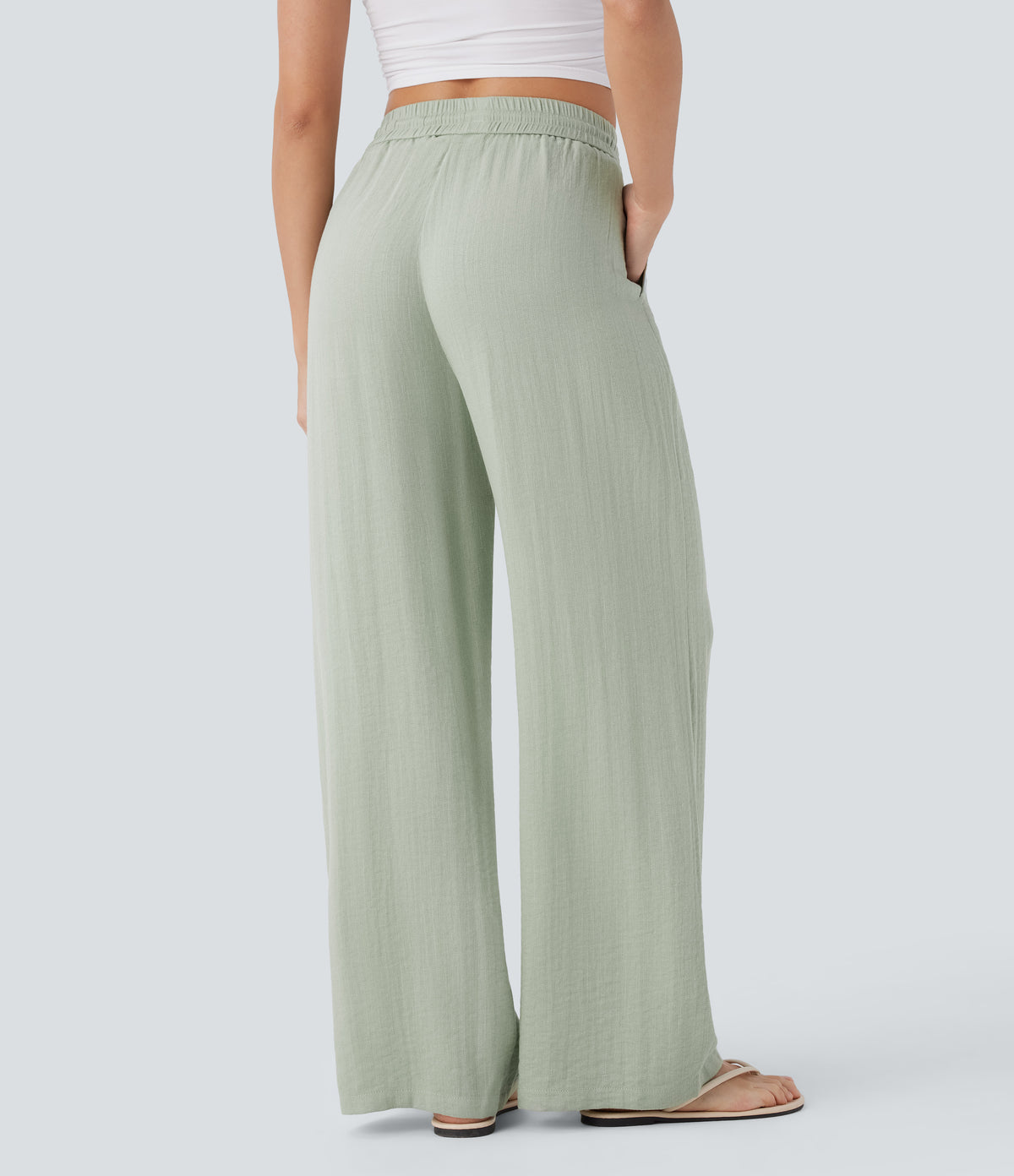 High Waisted Drawstring Pocket Wide Leg Casual Linen-Feel Trousers — Pale Aqua — view 2